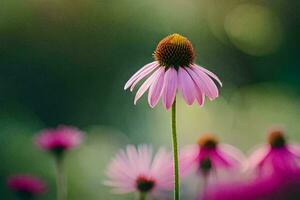 a pink flower is standing out in the field. AI-Generated photo