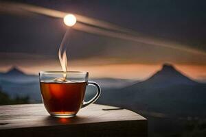 a cup of tea on a wooden table with the sun setting behind it. AI-Generated photo