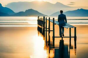 a man in a suit walks across a wooden bridge over a body of water. AI-Generated photo