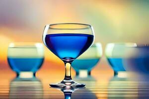 a glass of blue liquid sitting on a table. AI-Generated photo
