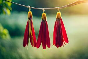 red and yellow feathers hanging from a wire. AI-Generated photo