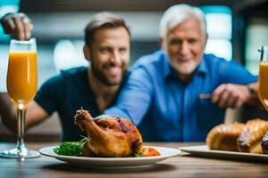 two men are sitting at a table with a turkey and orange juice. AI-Generated photo