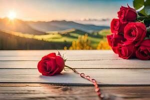 rosas en un de madera mesa con montañas en el antecedentes. generado por ai foto