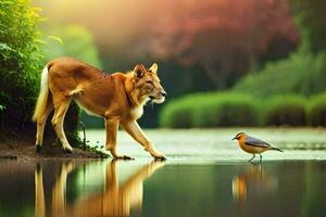 a lion and a bird standing in the water. AI-Generated photo