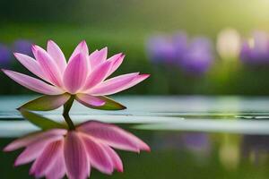 un rosado loto flor es reflejado en el agua. generado por ai foto