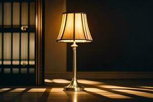 a lamp on a table in front of a door. AI-Generated photo