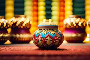 colorful vases on a table with colorful lights. AI-Generated photo