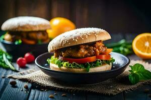 two hamburgers with vegetables and oranges on a wooden table. AI-Generated photo