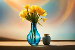 yellow tulips in a blue vase on a table. AI-Generated photo