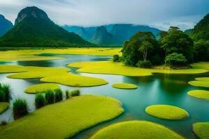 the green grass and water in the middle of a river. AI-Generated photo