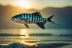 un pescado es volador terminado el agua a puesta de sol. generado por ai foto