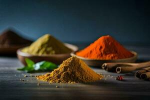 various spices and spices on a wooden table. AI-Generated photo