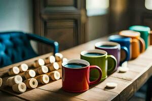 colorful coffee cups on a wooden table. AI-Generated photo