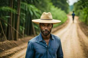 a man wearing a hat walks down a dirt road. AI-Generated photo