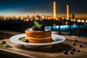 a cake on a plate with a cityscape in the background. AI-Generated photo