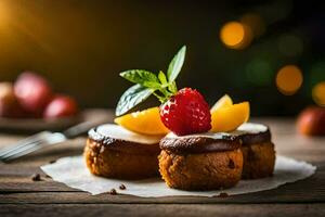 Tres mini pasteles con fresas y crema en un de madera mesa. generado por ai foto
