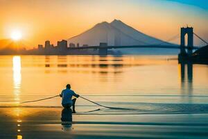 a man is rowing a boat across the water at sunset. AI-Generated photo