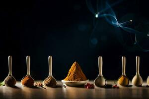 spoons with different spices and spices on a table. AI-Generated photo