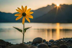 a single yellow flower stands in front of a lake and mountains. AI-Generated photo