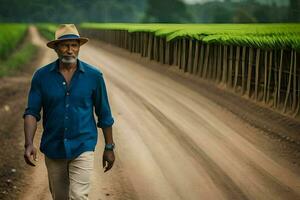 a man in a hat walks down a dirt road. AI-Generated photo