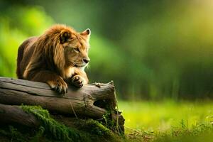 un león es sentado en un Iniciar sesión en el medio de un bosque. generado por ai foto