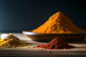 various spices and spices on a wooden table. AI-Generated photo