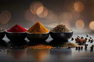 five different spices in bowls. AI-Generated photo