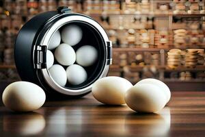 eggs in a pot on a table. AI-Generated photo