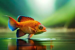 a fish is standing on the water with a green background. AI-Generated photo