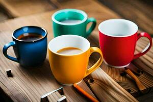 vistoso café tazas en un de madera mesa. generado por ai foto