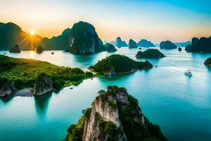 el Dom conjuntos terminado el agua en halong bahía. generado por ai foto