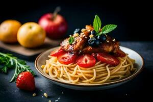 spaghetti with chicken and berries on a plate. AI-Generated photo