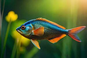 a fish with bright blue and orange fins is swimming in the grass. AI-Generated photo