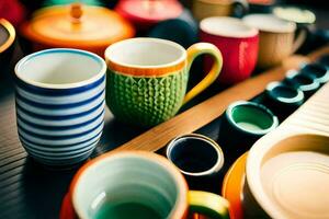 many colorful cups and saucers are arranged on a table. AI-Generated photo