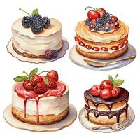 watercolor drawing, set of cakes and pastries with whipped cream, berries and chocolate. in vintage style, retro. Dessert photo