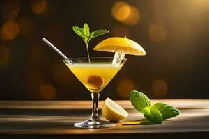 a cocktail with lemon and mint on a wooden table. AI-Generated photo