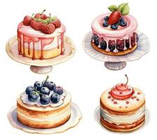 watercolor drawing, set of cakes and pastries with whipped cream, berries and chocolate. in vintage style, retro. Dessert photo