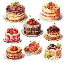 watercolor drawing, set of cakes and pastries with whipped cream, berries and chocolate. in vintage style, retro. Dessert photo