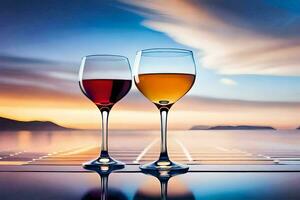 two wine glasses with wine on the table at sunset. AI-Generated photo