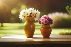 two vases with flowers on a table in the sun. AI-Generated photo