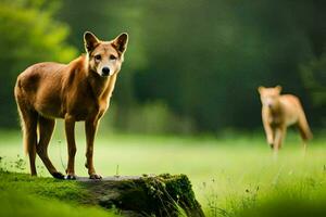 a dog standing on a rock in a grassy field. AI-Generated photo
