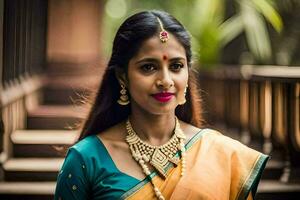 a woman in a sari and gold jewelry. AI-Generated photo