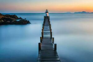 a lighthouse stands on a pier at sunset. AI-Generated photo