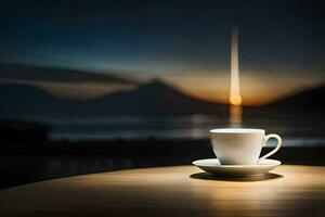 a cup of coffee on a table in front of a mountain. AI-Generated photo