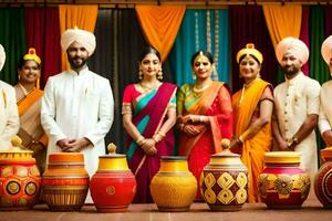 a group of people in indian attire standing next to pots. AI-Generated photo