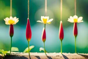 four red flowers are hanging from a string. AI-Generated photo