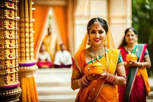 a beautiful indian bride in a traditional sari. AI-Generated photo