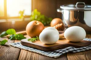 eggs on a cutting board next to a pot and a pan. AI-Generated photo