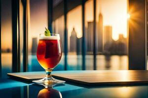 a glass of red drink on a table in front of a cityscape. AI-Generated photo
