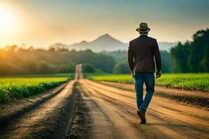 man walking on dirt road in the country. AI-Generated photo
